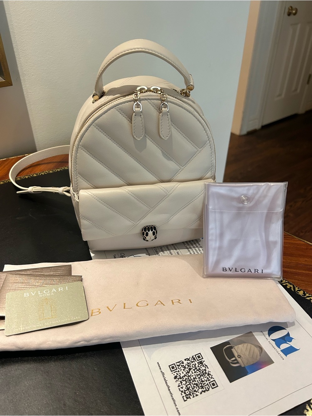 Bvlgari Quilted Cream Leather Mini Backpack with Signature Emblem